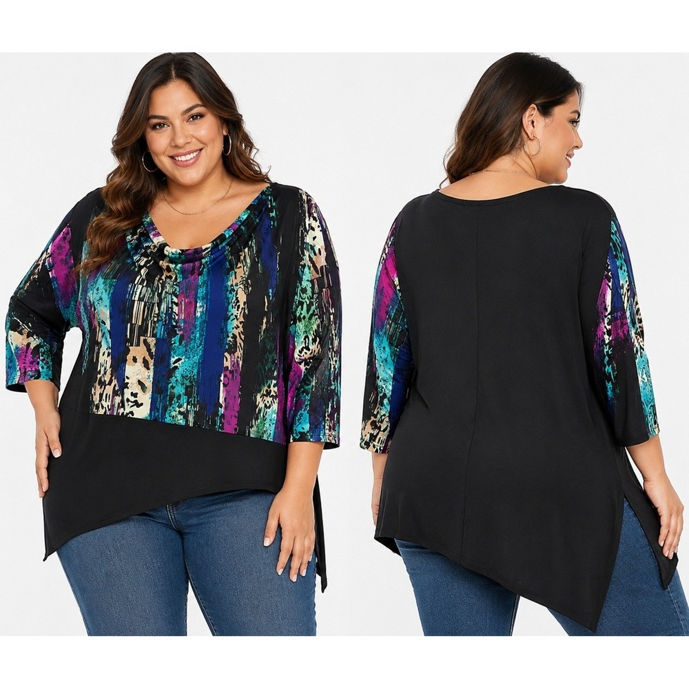 Soft‎ Works Tunic Top XXL Black Multicolor Cowl Neck Abstract 3/4 Sleeve New
